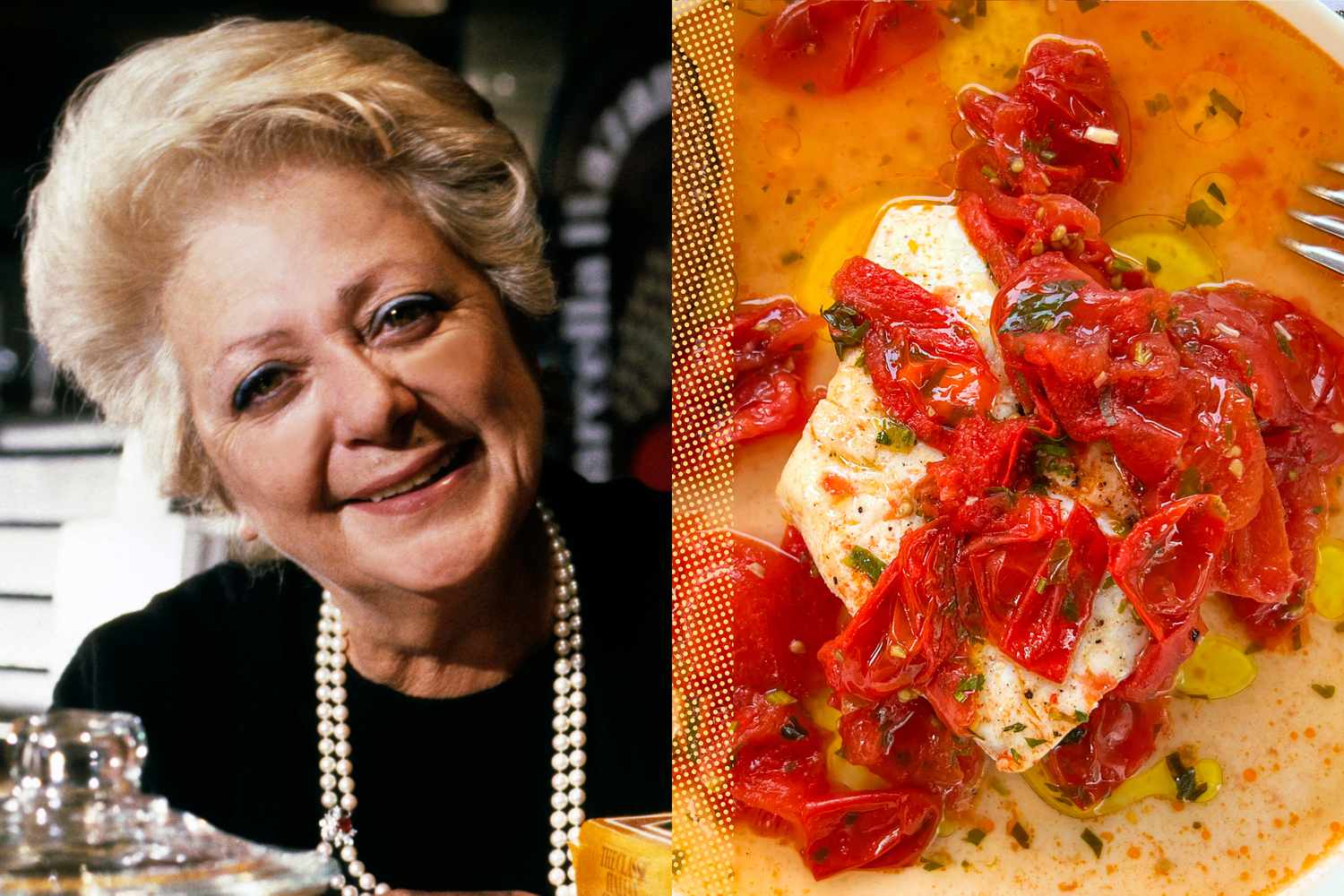 portrait of Marcella Hazan next to a photo of her dish Fish in Crazy Water 