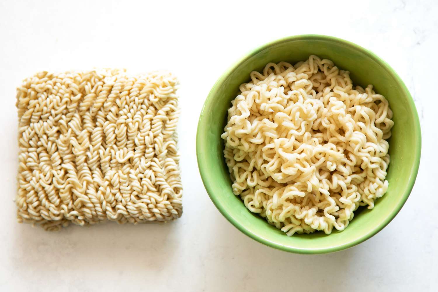 Dried Ramen on the Left and Cooked Ramen in a Bowl on the Right