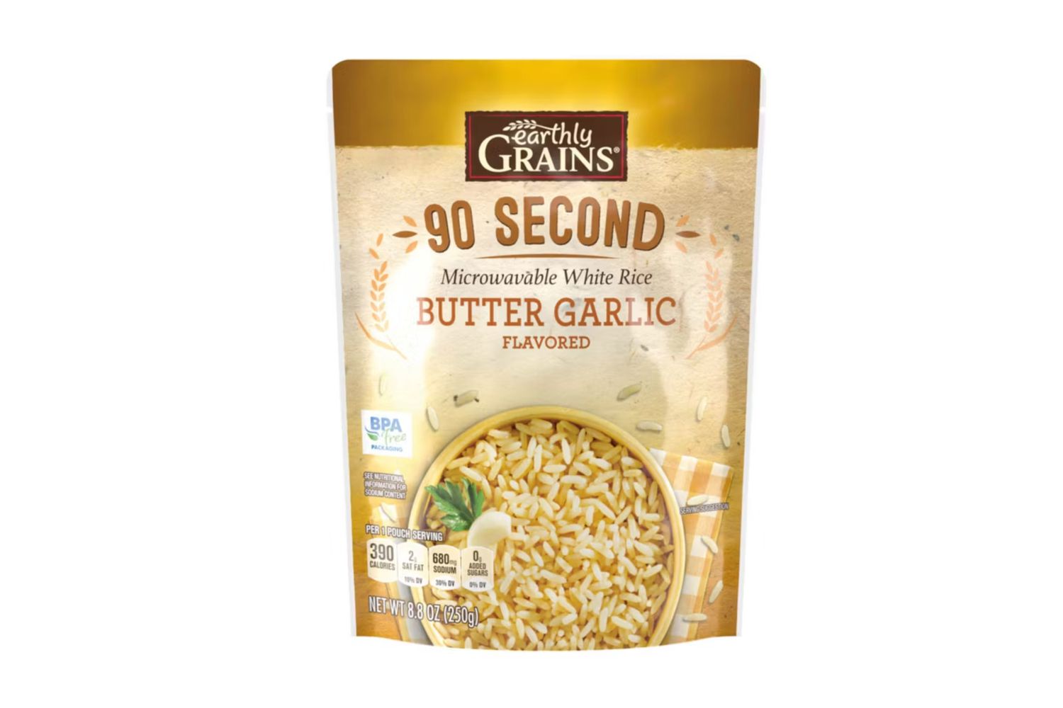 A bag of Earthy Grains butter garlic rice