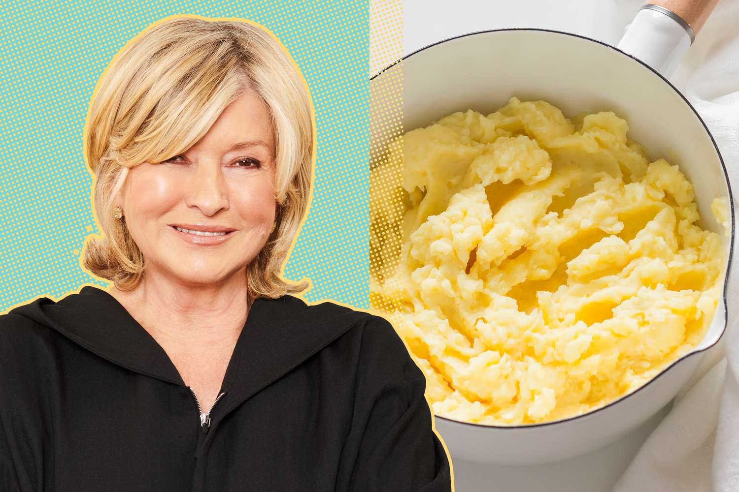 Photo cut-out of Martha Stewart next to a photo of a pot of mashed potatoes