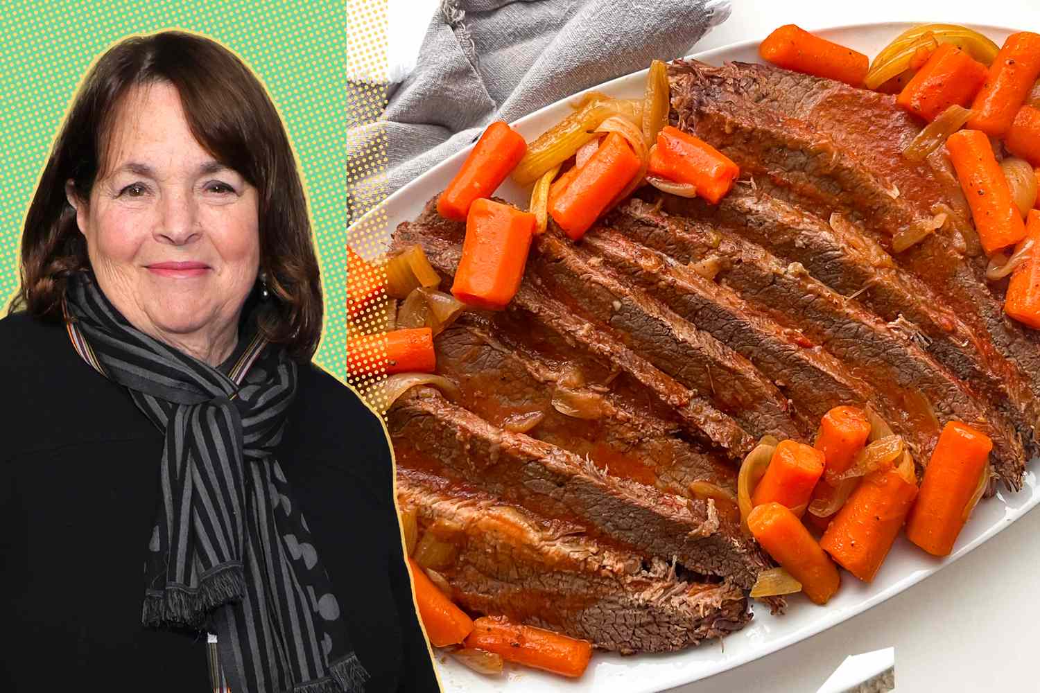 Ina Garten alongside a platter of sliced brisket with carrots and onions