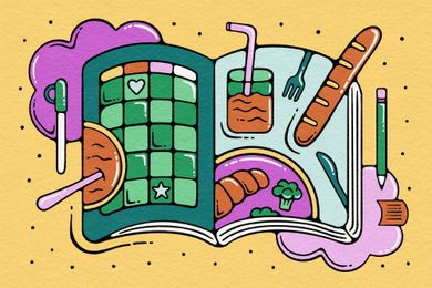 Illustrated mealplanning guide with a grid design bread and utensils