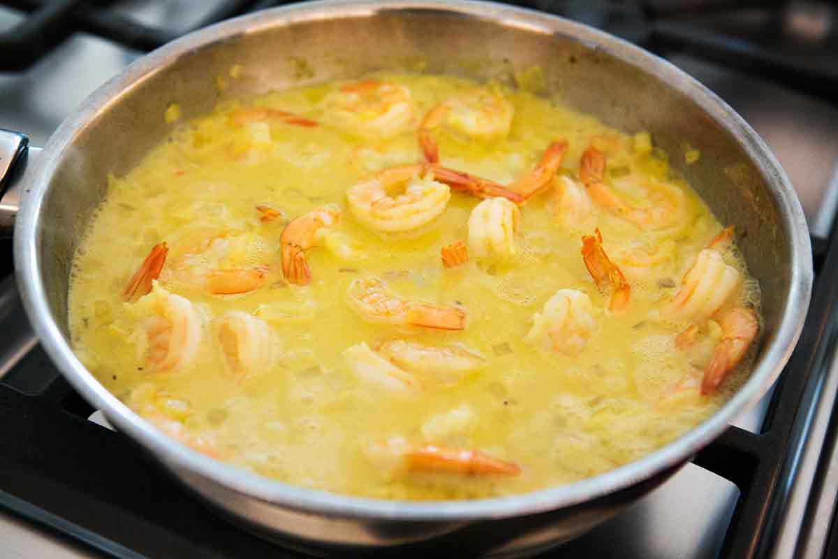 Cooked shrimp in Indian shrimp curry dish