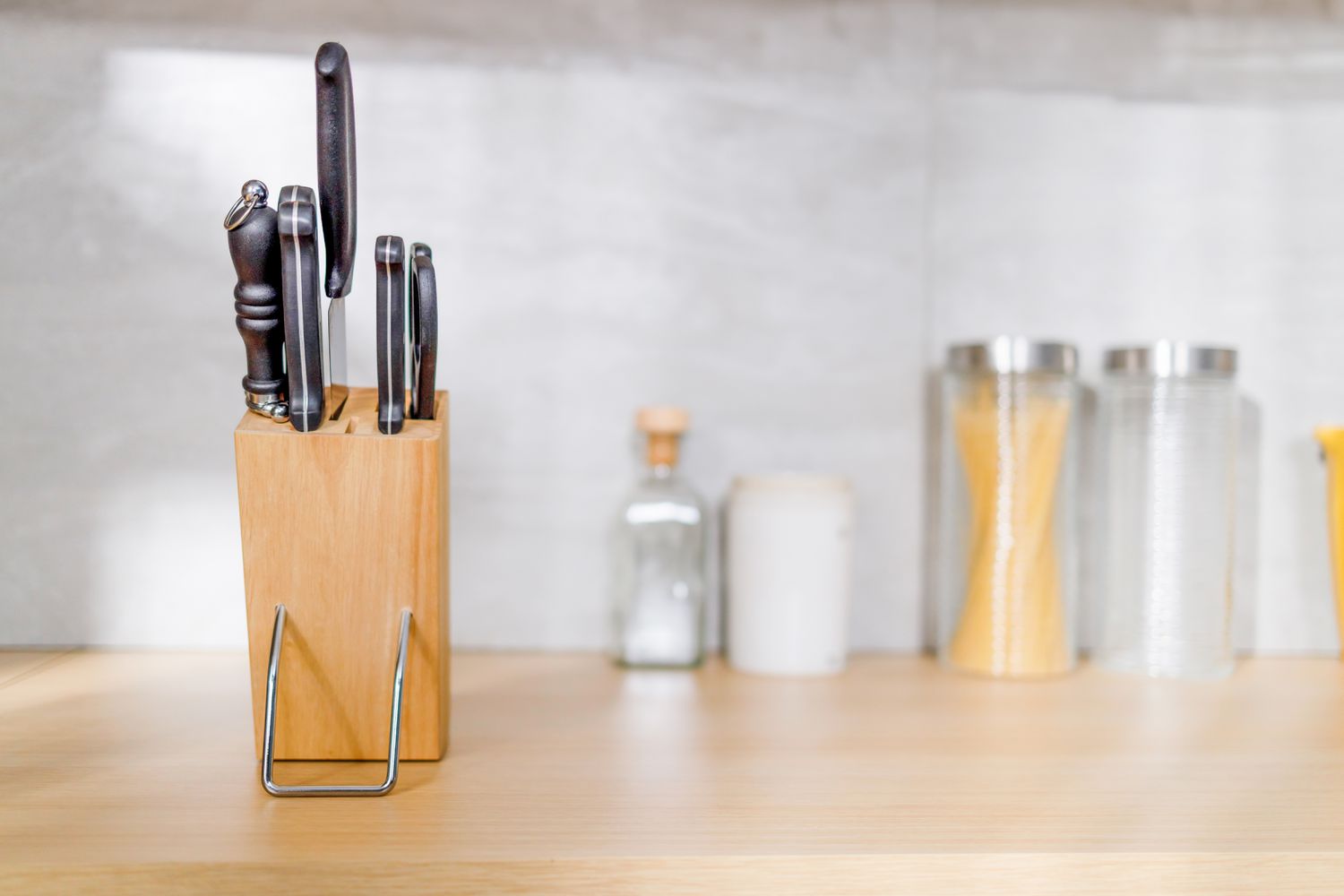 A knife block on a kitchen counter