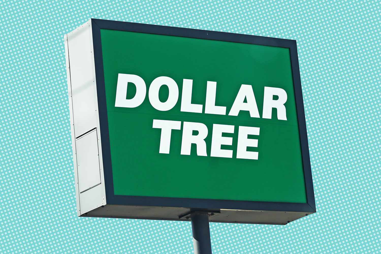 Dollar Tree sign on a post against a dotted background
