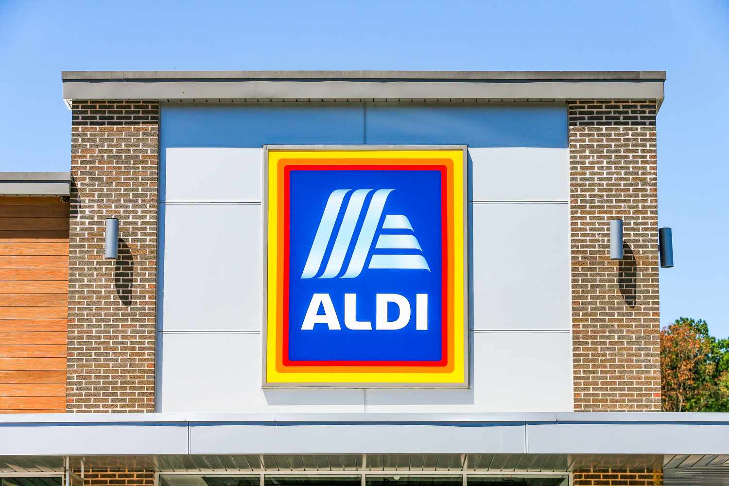 The Aldi store logo displayed prominently on the store building