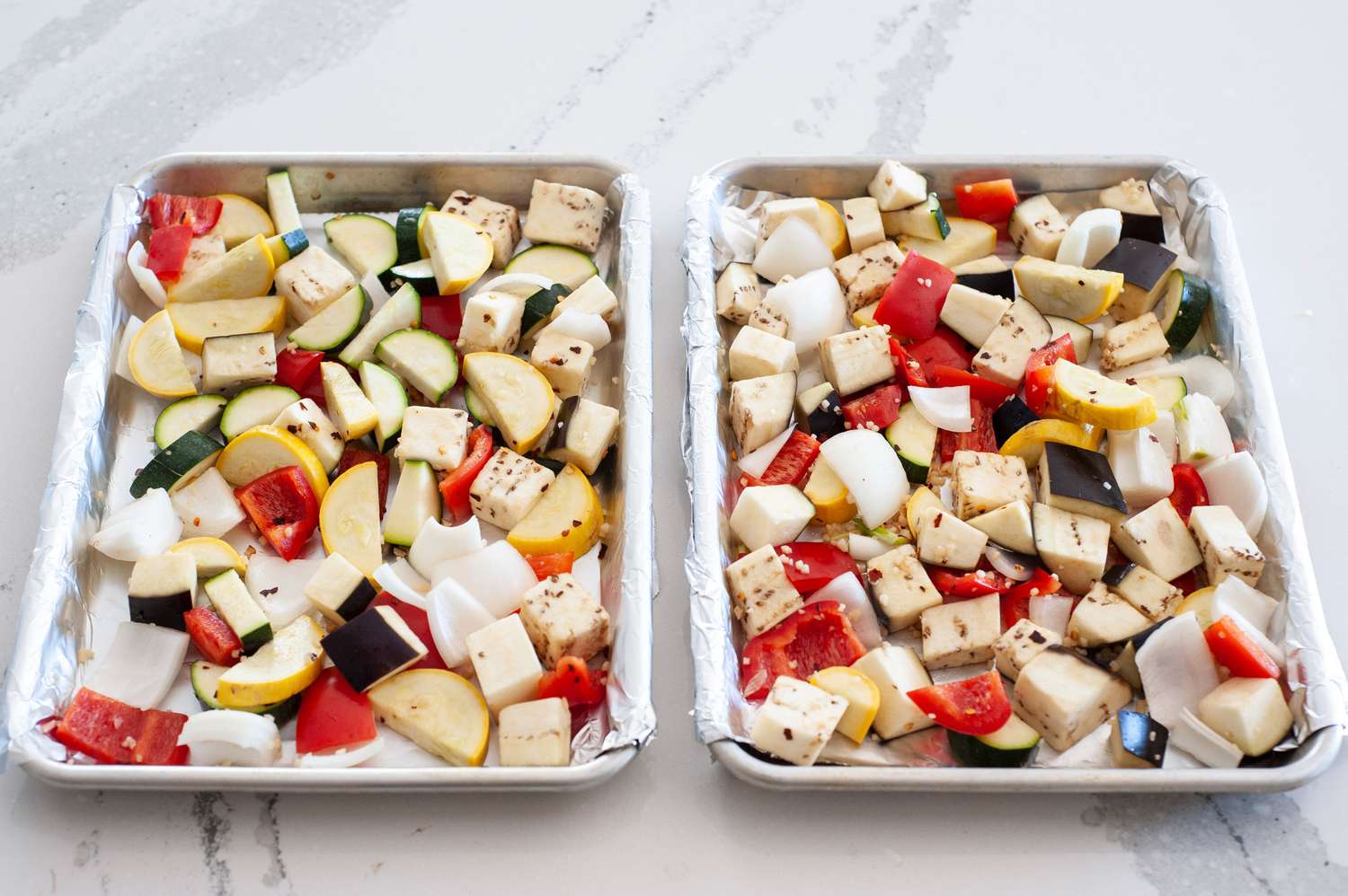 Vegetables (Summer Squash, Eggplant, and Bell Peppers) on a Sheet Pan for Ratatouille Recipe