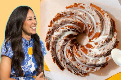 Joanna Gaines next to a top-down photo of a bundt cake topped with a glaze