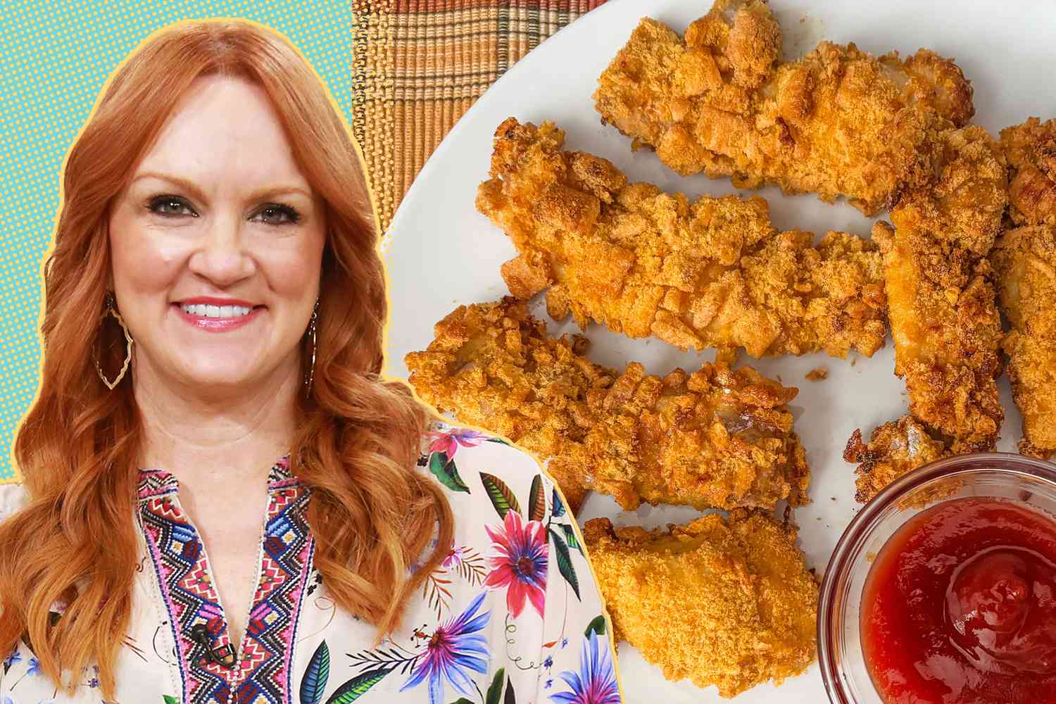 Portrait of Ree Drummond next to a plate of chicken strips