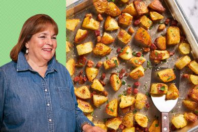 Photo of Ina Garten with a fun green and yellow dotted background on a photo of roasted potatoes on a baking sheet