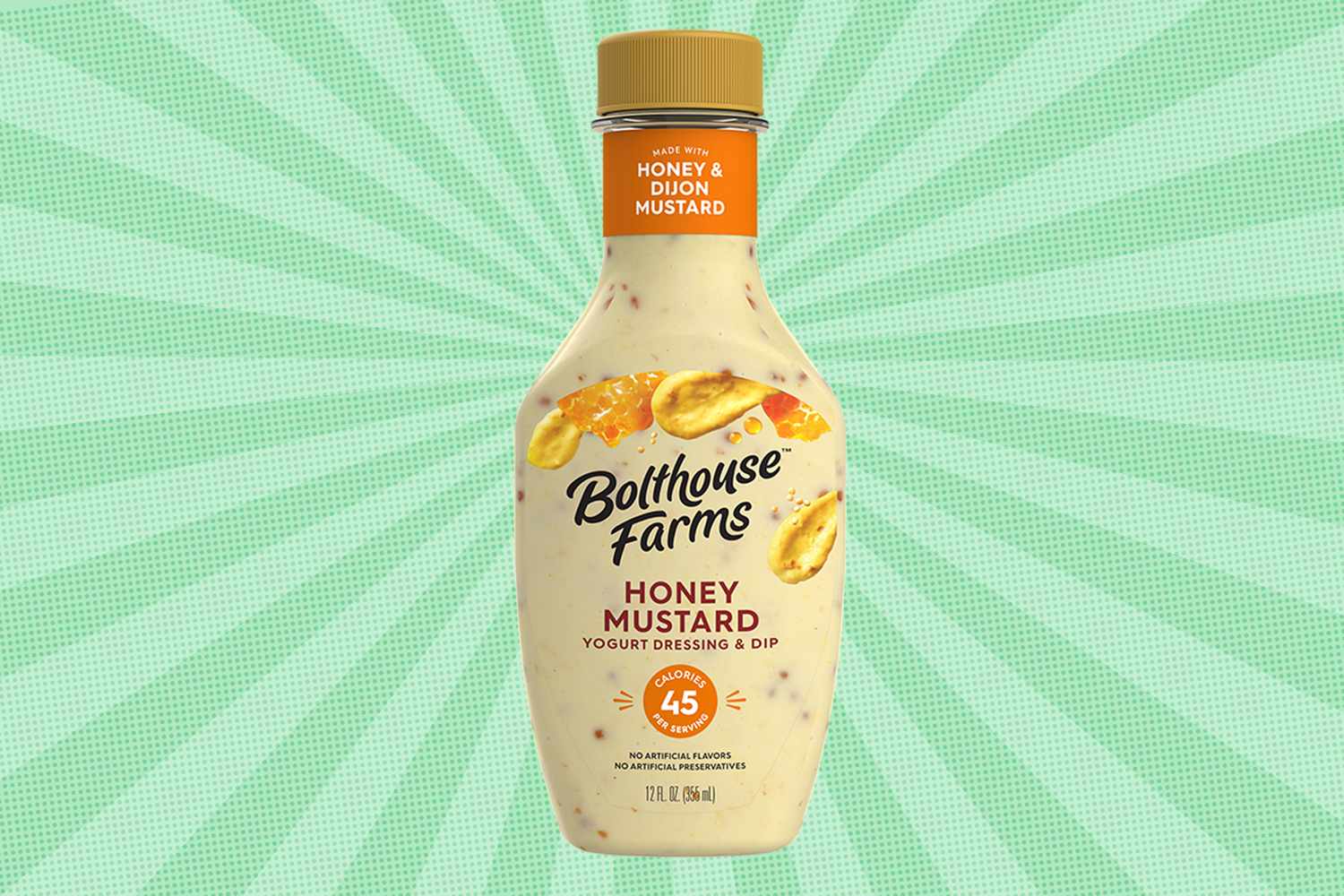Bolthouse Farms Honey Mustard dressing bottle on a green patterned background