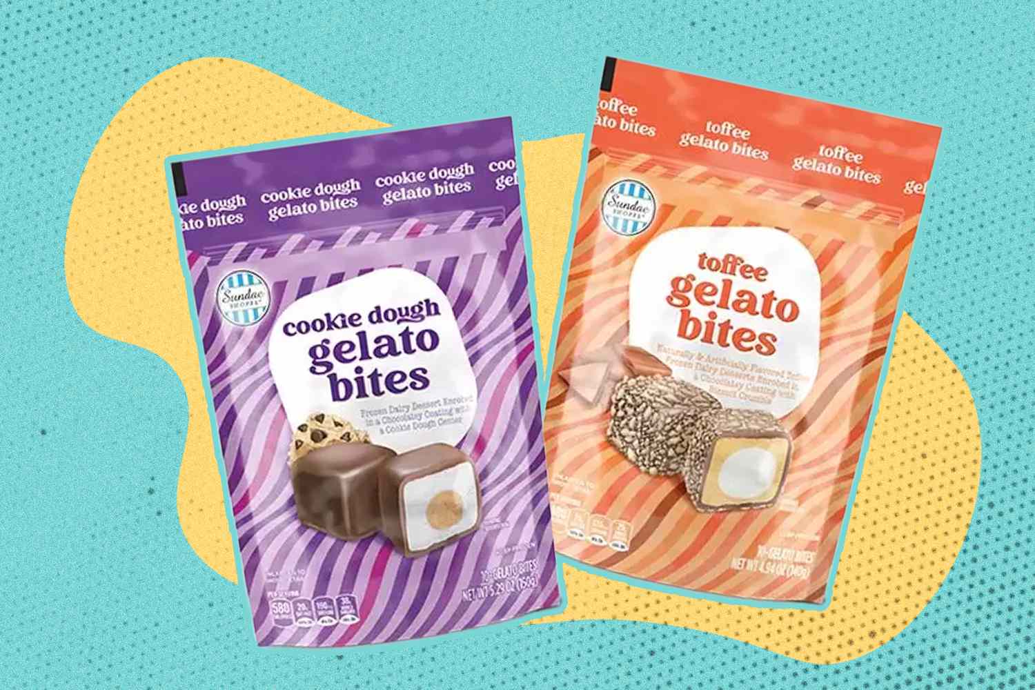 Sundae Shoppe Gelato Bites packages over a colorful background
