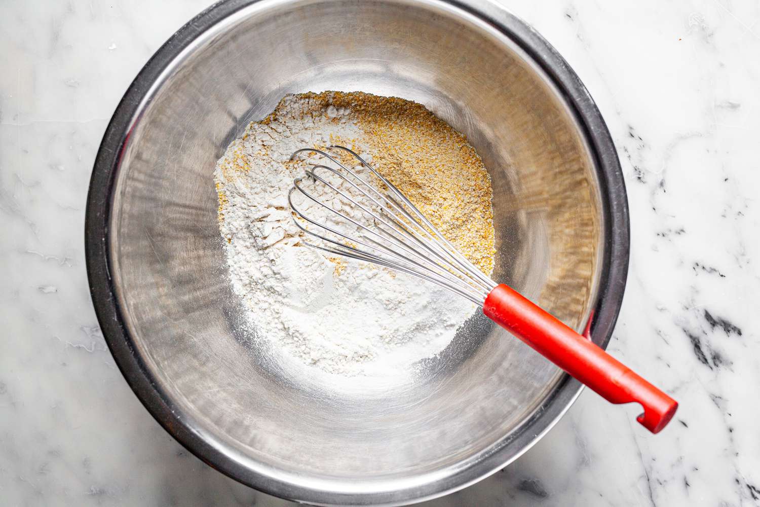 A Bowl with Flour and Corn Meal Mixed Together for Southern Cornbread Recipe