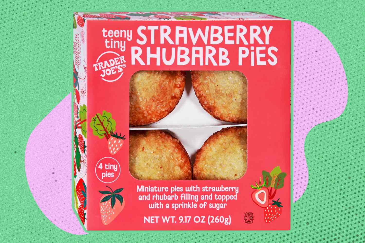 A boxed package of Trader Joe's Strawberry Rhubarb Pies with four visible mini pies inside