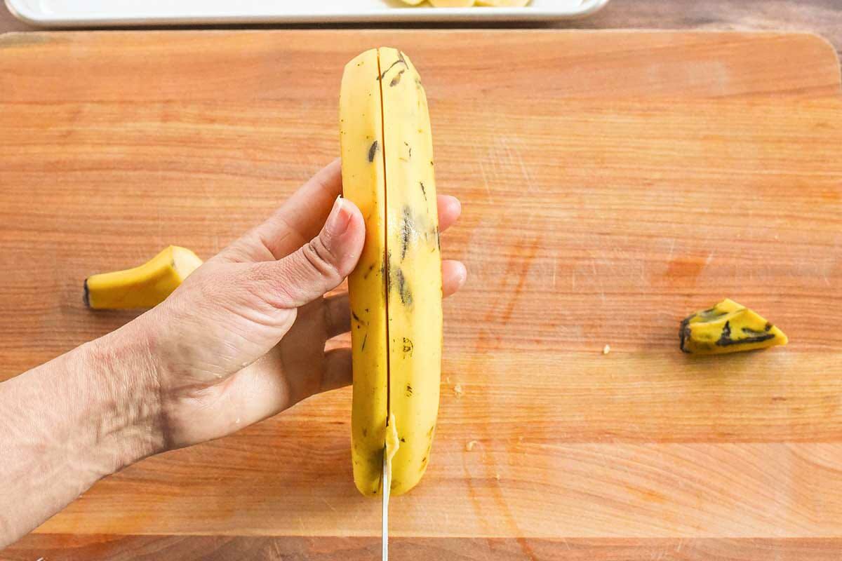 Puerto Rican Lasagna slice the plantain lengthwise