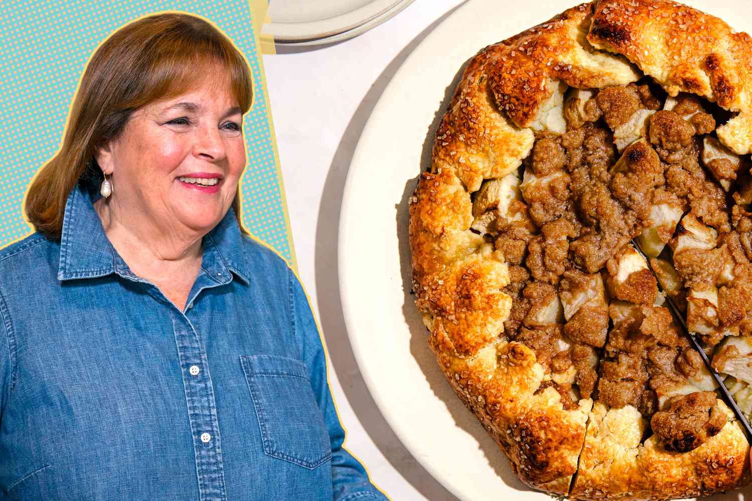 Ina Garten photo on a blue and yellow dotted background next to a photo of her apple crostada