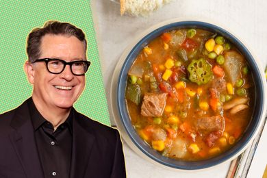 Stephen Colbert alongside a bowl of vegetable soup