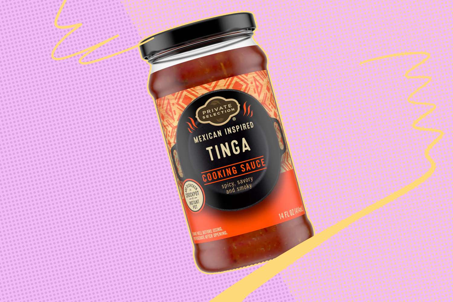 A jar of Private Selection Tinga Mexican inspired cooking sauce against a pink graphic background