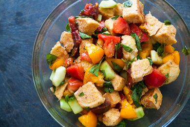 Panzanella Bread Salad in a glass serving bowl