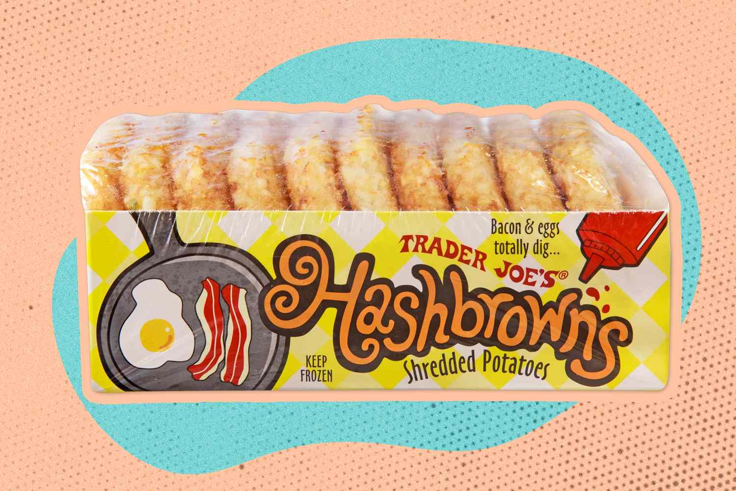 Trader Joe's Hashbrowns over a peach and blue color blob background 