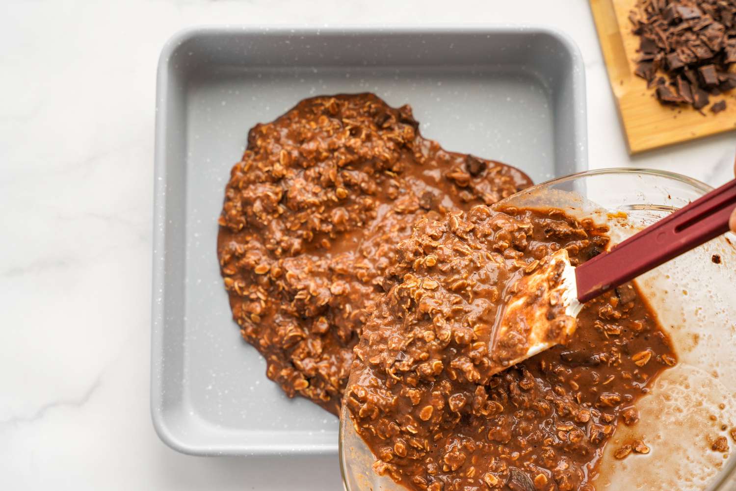 Vegan Brownie Baked Oatmeal Batter Poured into a Baking Pan