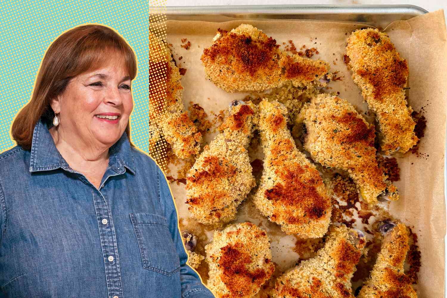 A split image of Ina Garten and baked crispy chicken thighs