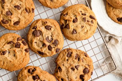 Chocolate chip cookies on a cooling rack