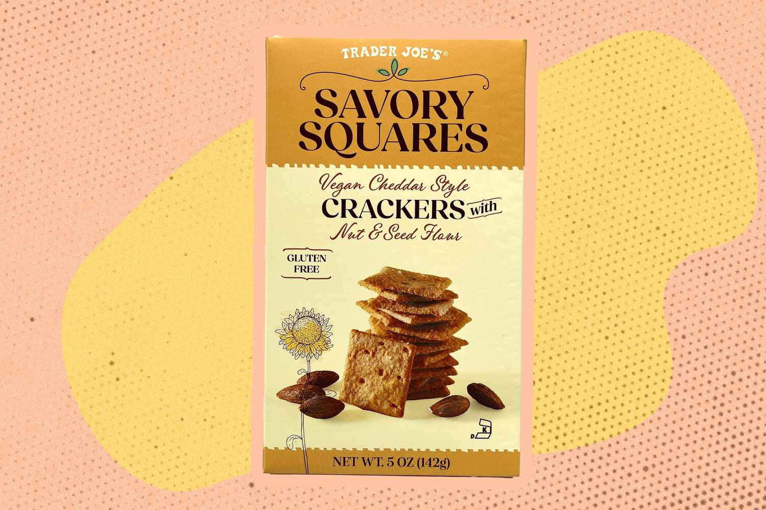 A box of Trader Joe's "Savory Squares Vegan Cheddar Style Crackers with Nut and Seed Flour"
