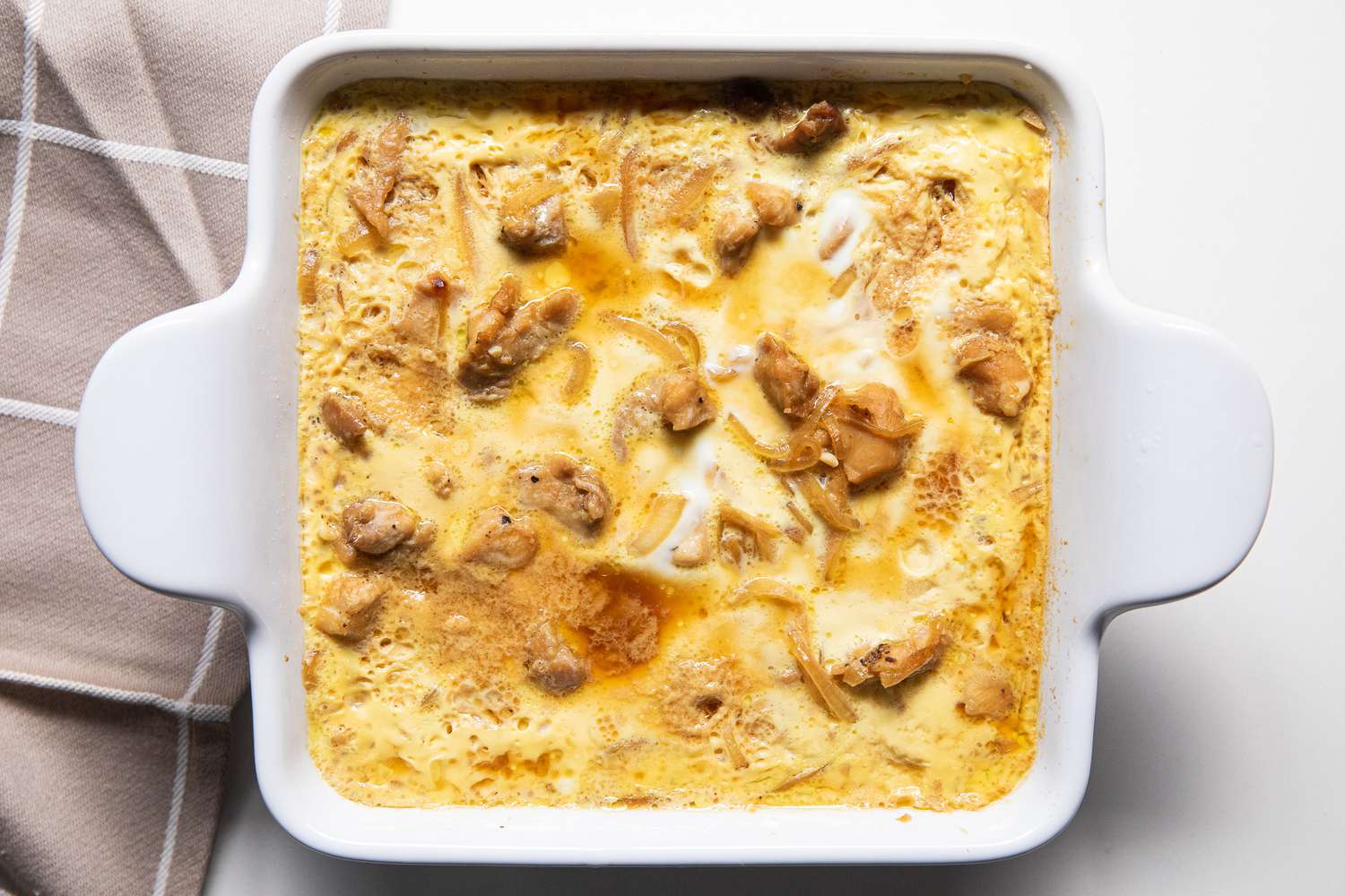 Microwave Oyakodon (Japanese Chicken and Egg Rice Bowl) in a Baking Dish