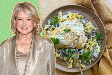 A split image of Martha Stewart and a plate of creamy mushroom egg noodles with chicken