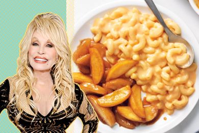 A split image of Dolly Parton and a plate of macaroni and cheese with cooked apples