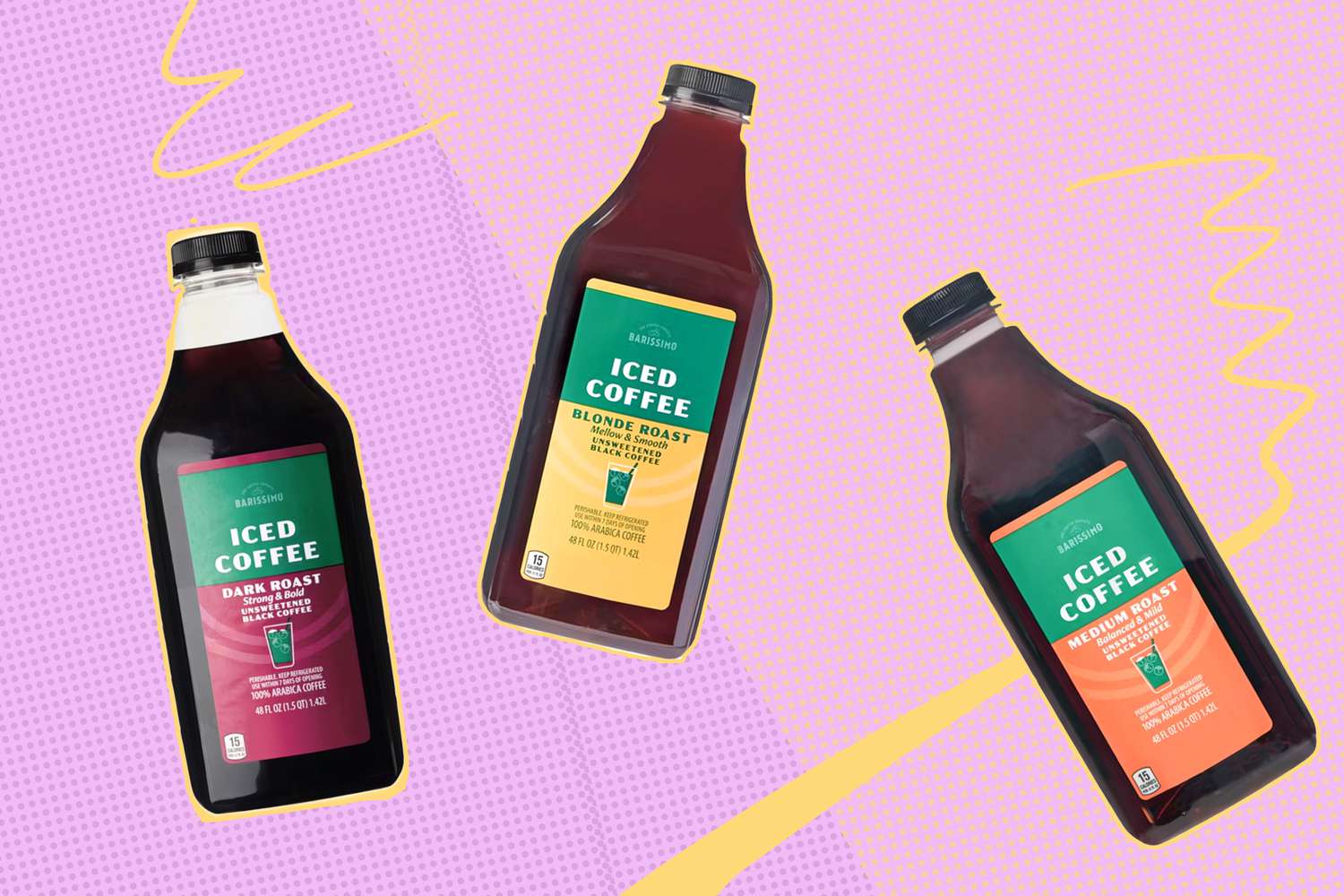 Three bottles of Barissimo Iced Coffee in different varieties with a colorful background