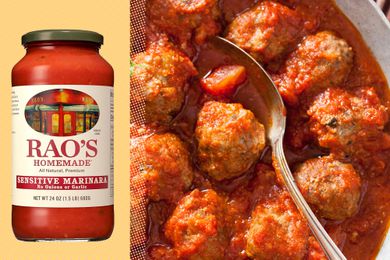 cutout of a jar of Rao's marinara on a yellow background next to a photo of meatballs in marinara sauce