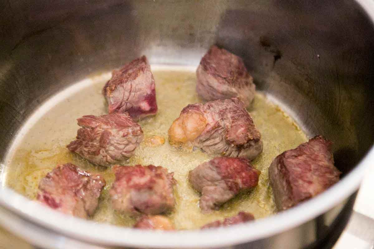 Flip the cubes of beef and sear them on the second side for the irish beef stew recipe