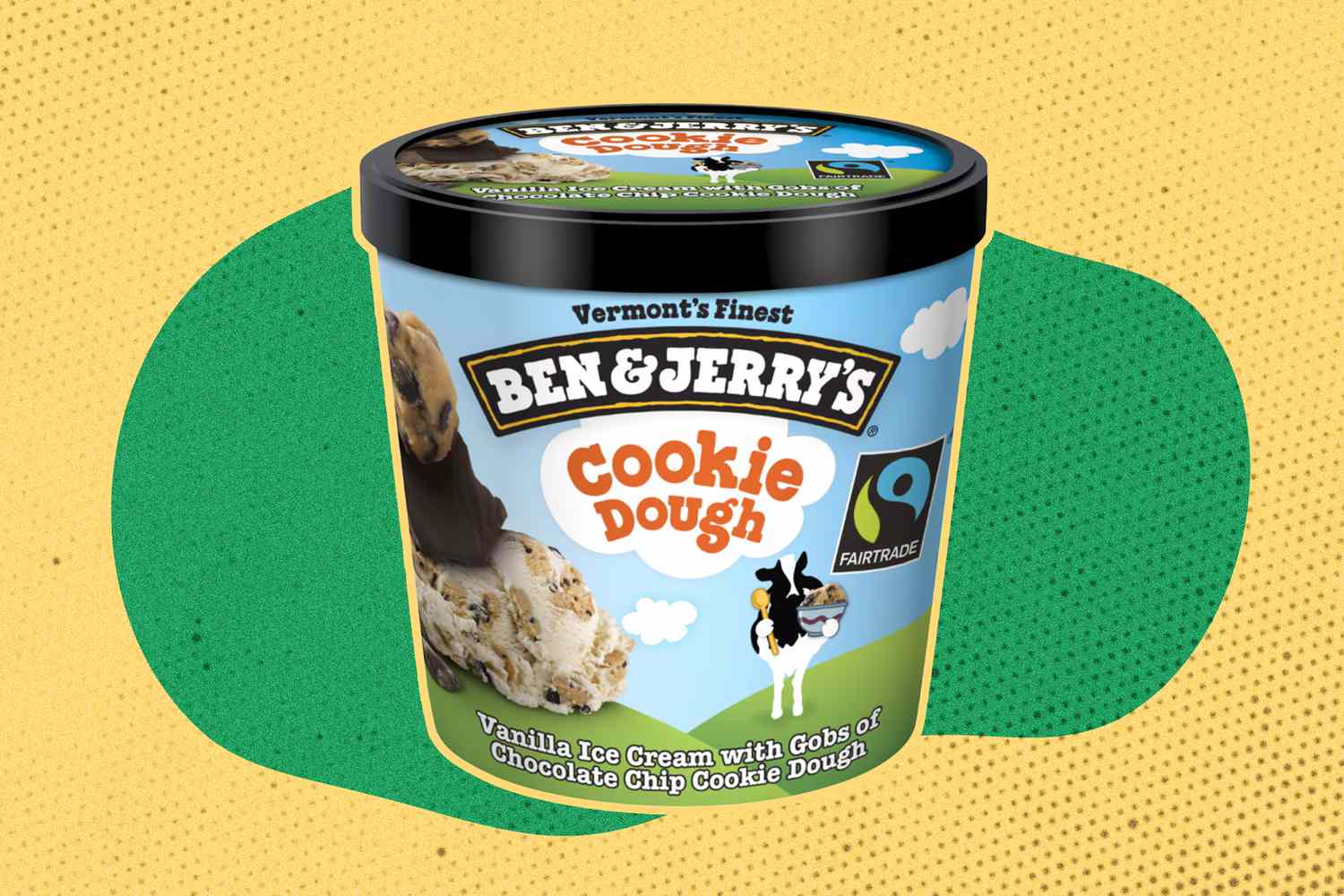 Carton of Ben & Jerry's Cookie Dough ice cream from Dollar Tree on a green and yellow speckled background
