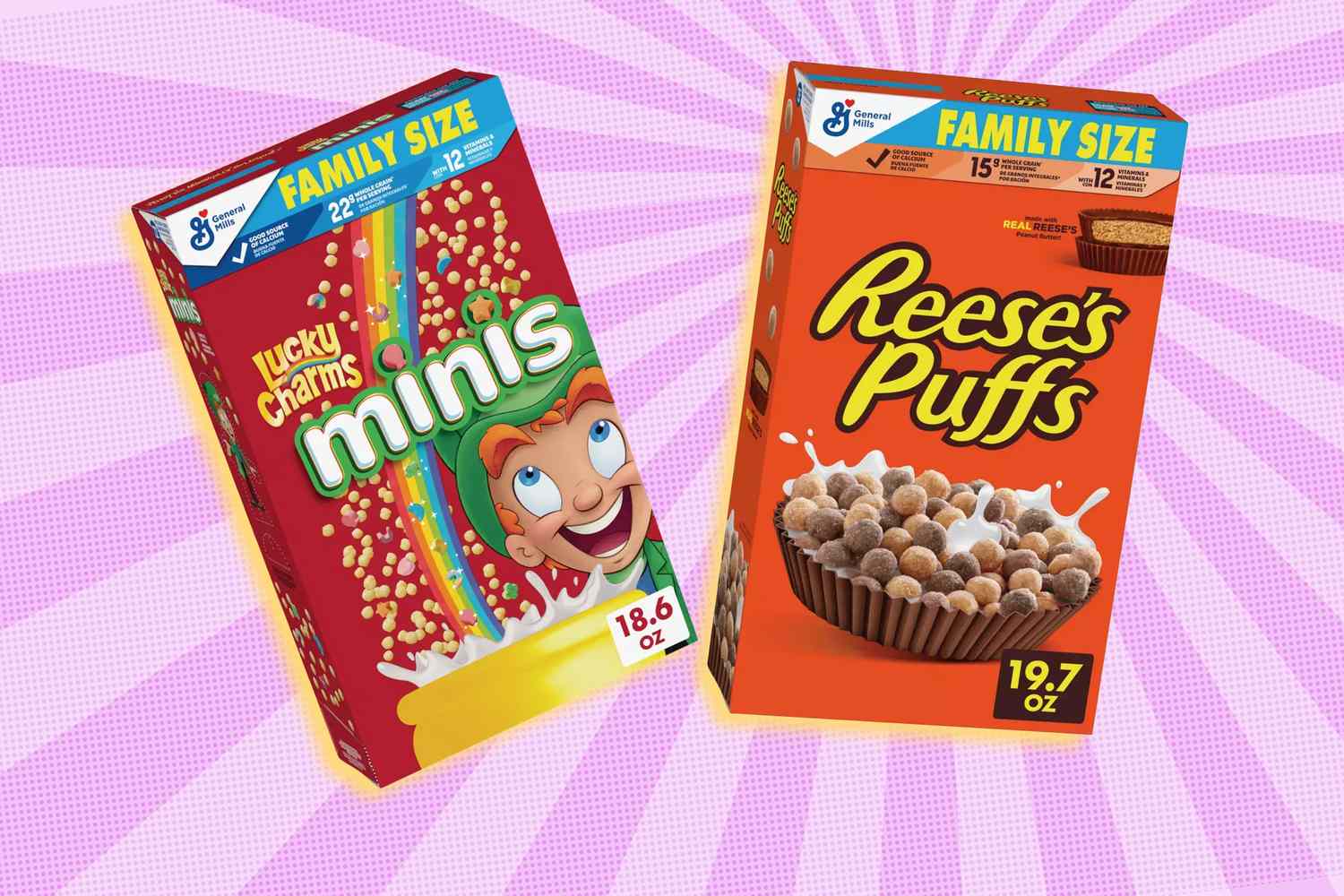 Boxes of Lucky Charms Minis and Reeses Puffs cereal against a graphic background