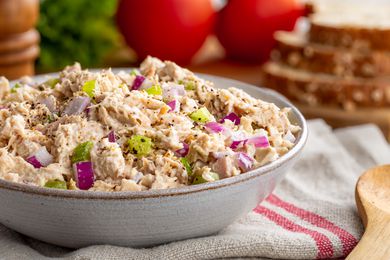 Side view of a bowl with tuna salad