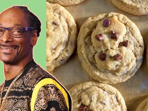 Headshot of Snoop Dogg next to photo of chocolate chip cookies