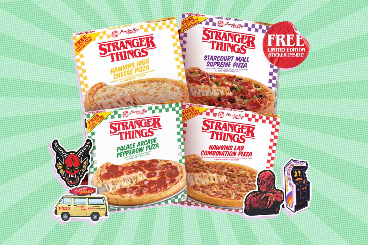 Four Stranger Things themed pizza boxes arranged with branded stickers on a bright background