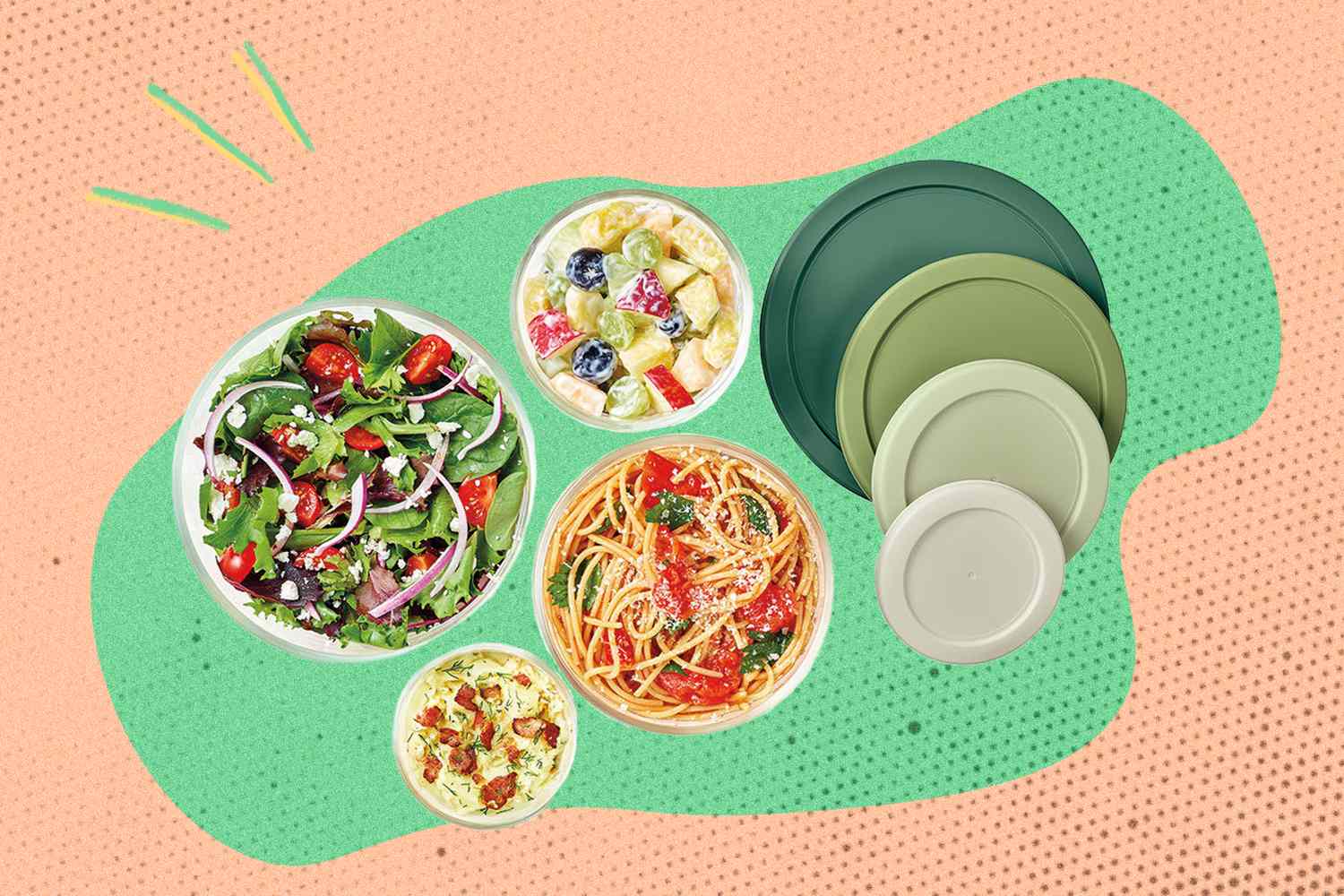 A set of bowls containing various meals and desserts placed next to a stack of matching lids and bowls