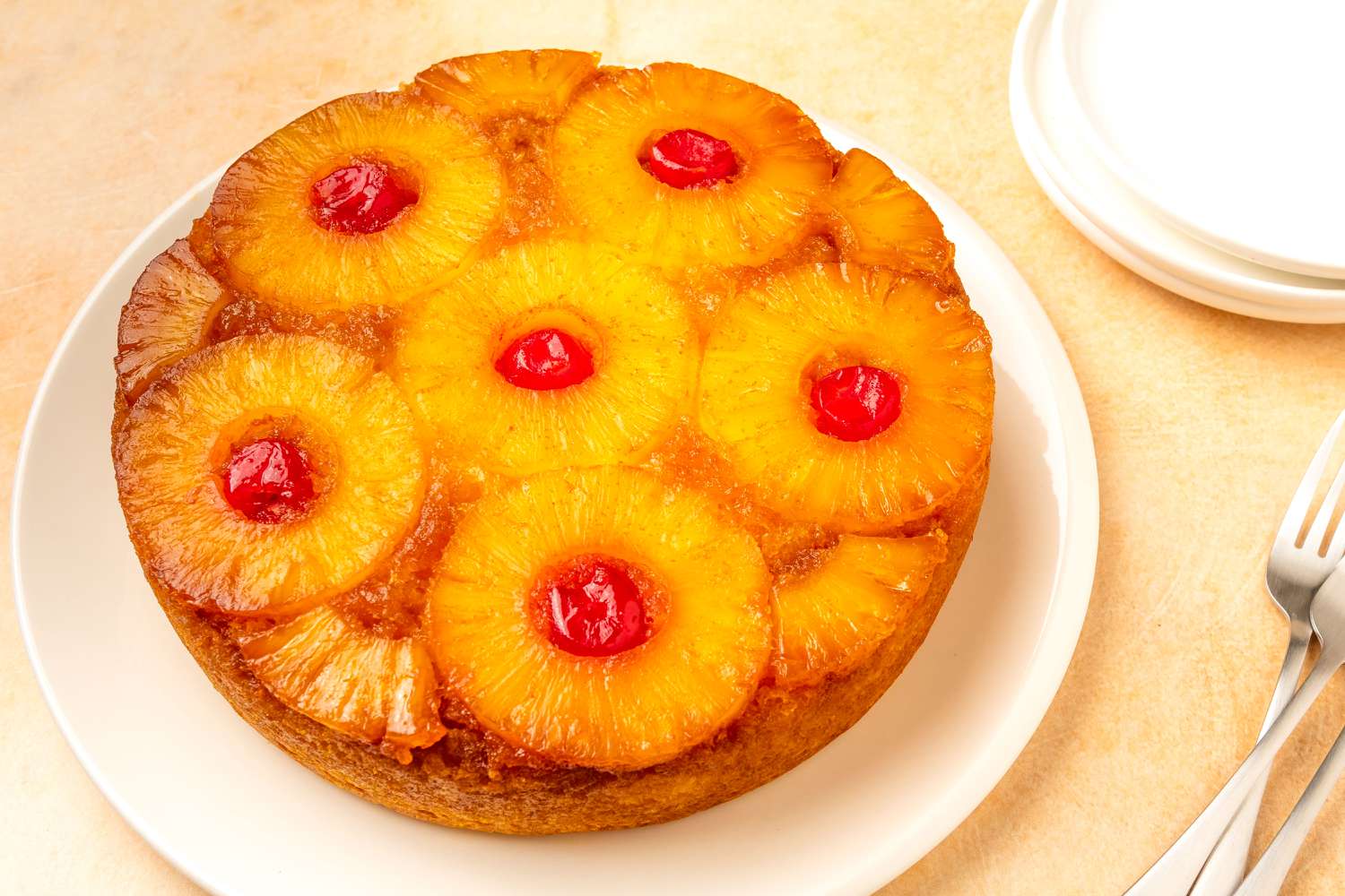 Easy Pineapple Upside Down Cake on a cake plate