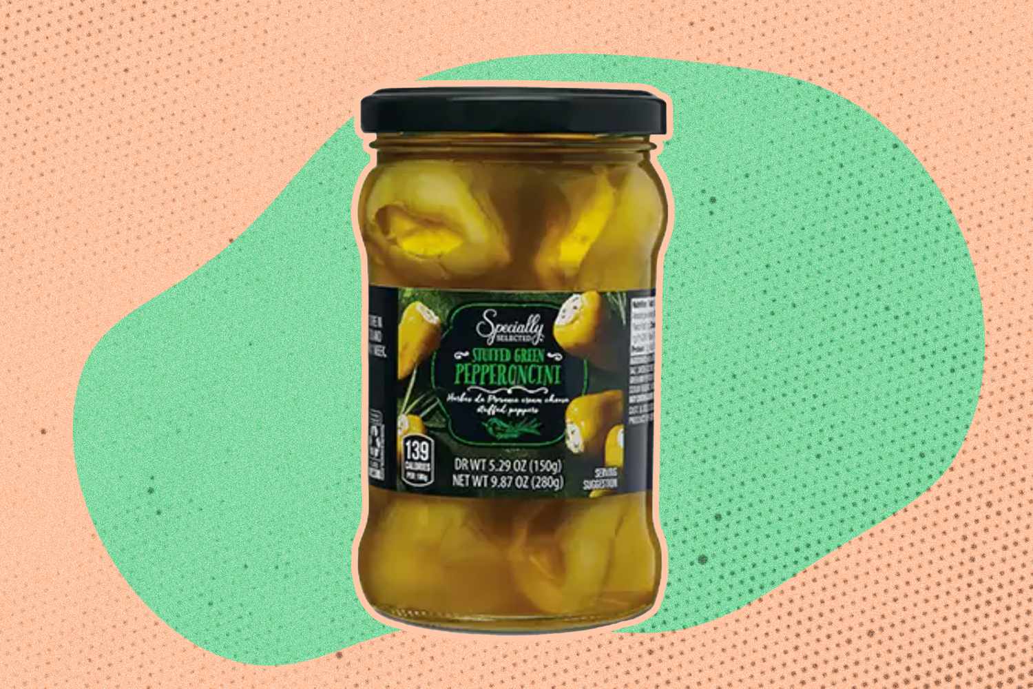 A jar of ALDI Stuffed Green Pepperocinis on an illustrated background
