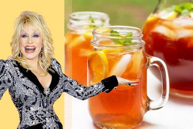 Dolly Parton next to jars of sweet iced tea