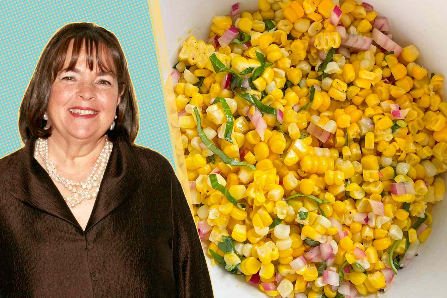 Ina Garten next to a photo of her corn salad