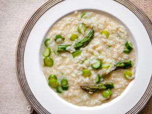 Asparagus Risotto in a White Bowl Plate