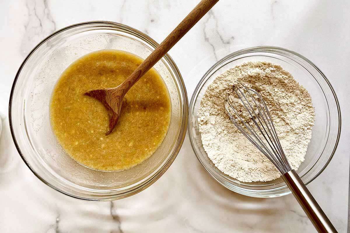 Two glass bowls with ingredients for tender gluten-free banana bread in each.