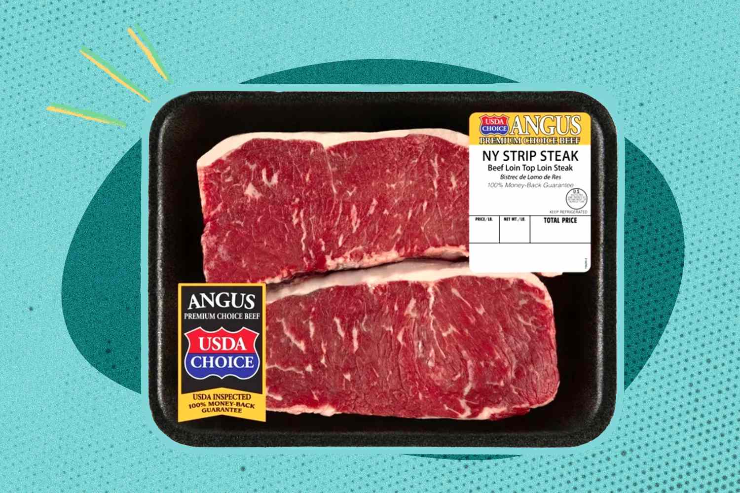 steak in it's packaging over a colorful graphic
