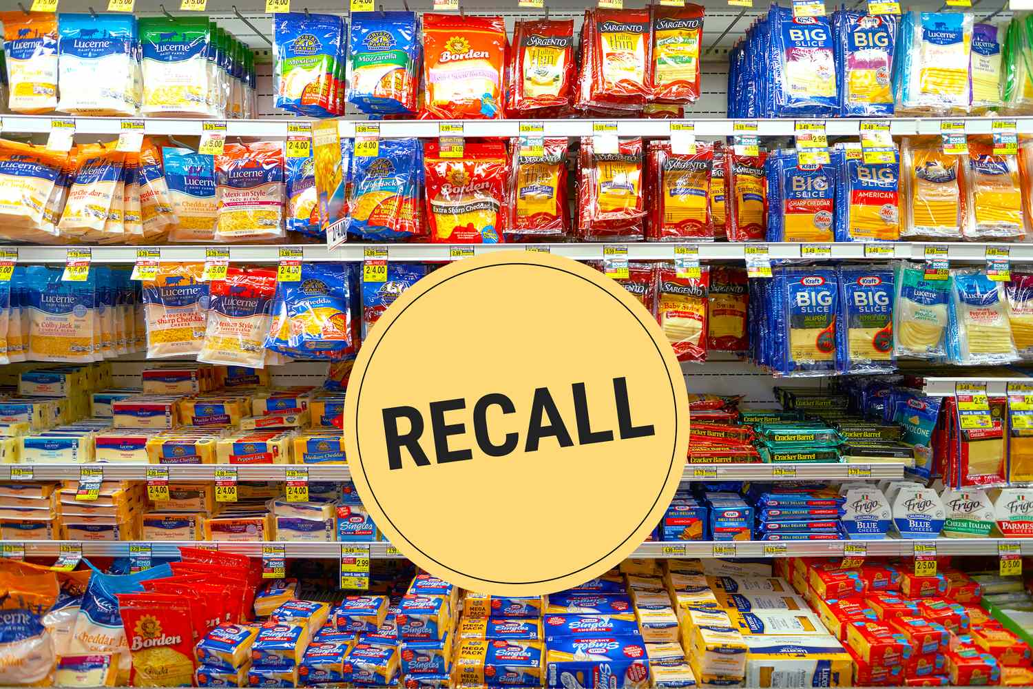 Supermarket cheese section with a recall alert badge displayed