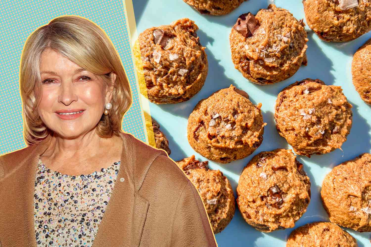 Martha Stewart next to a bunch of almond butter cookies on a blue plate. 