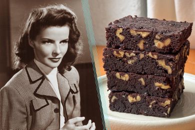 Headshot of Katharine Hepburn next to a stack of dark chocolate brownies studded with walnuts